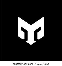 Letra inicial plantilla de logotipo MY o YM con símbolo de simplicidad de casco espartano en ilustración de diseño plano monograma