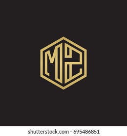 Initial letter MZ, minimalist line art hexagon logo, gold color on black background