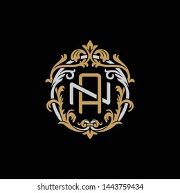 Initial letter N and A, NA, AN, decorative ornament emblem badge, overlapping monogram logo, elegant luxury silver gold color on black background