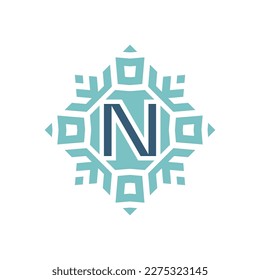 Initial letter N abstract snowflake square emblem logo