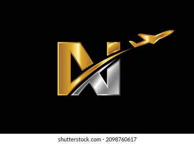 Initial letter N with airplane Logo Design. Airline, airplane, aviation, travel logo template.