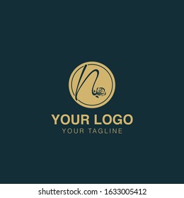 Initial letter N alphabet rose round logo