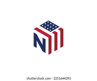initial Letter N with American Flag in Shape of Hexagon Logo Concept symbol icon sign Element Design. Home, Real Estate, Realtor, Mortgage, House Logotype. Vector illustration template