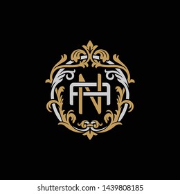 Initial letter A and N, AN, NA, decorative ornament emblem badge, overlapping monogram logo, elegant luxury silver gold color on black background