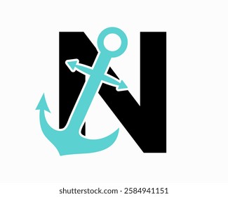 Initial Letter N Anchor Logo Design Concept For Boat, Ship, Yacht, Nautical Transport Symbol