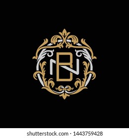 Initial letter N and B, NB, BN, decorative ornament emblem badge, overlapping monogram logo, elegant luxury silver gold color on black background