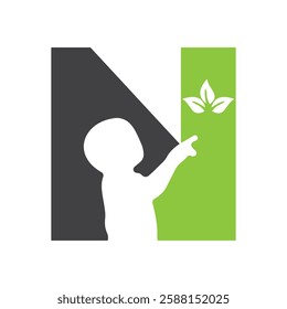 Initial Letter N Baby and Eco Leaf Symbol For Kinds Logo Design