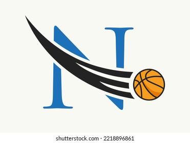 Initial Letter N Basketball Logo Concept With Moving Basketball Icon. Basket Ball Logotype Symbol Vector Template