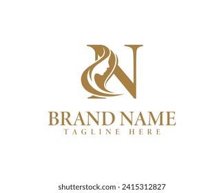 Initial letter N beauty women face logo design. Unique and luxury feminine vector illustration.