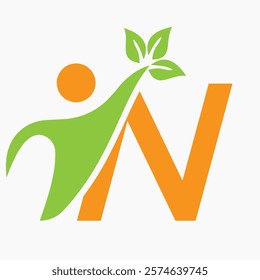 Initial Letter N Bio or Healthcare Logo Design Concept With Human And Green Leaf Symbol