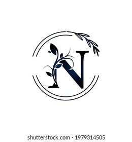 Initial Letter N Botanical Flowers with lettering circle hand drawn. Suitable for natural, eco, jewelry, fashion, personal or corporate branding.