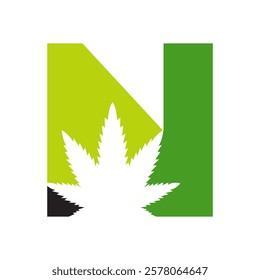 Initial Letter N Cannabis Logo Design Concept With Medical Marijuana Leaf Symbol