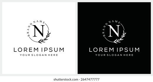 Initial letter N cosmetics fashion logo design, serif font graphic icon, leaves nature symbol concept