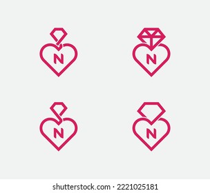 Anfangsbuchstabe N Diamond Heart Jewelry Logo Paket Set Concept Symbol Symbol Symbol Design Element Design. Liebe, Schmuck-Logotype. Vektorgrafik-Vorlage