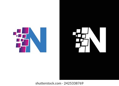 Initial Letter N digital pixel logo design template element. Letter N Pixel logo, Triangle, Blue color, Technology and digital logotype.
