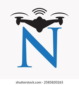 Initial Letter N Drone Logo Design Concept For Agriculture Irrigation Sigh Vector And Template