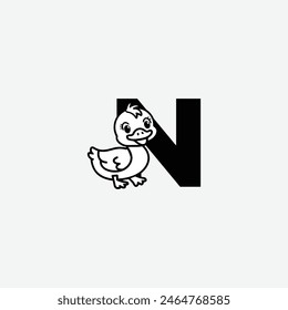 Letra inicial N con diseño de logotipo de pato. Duck luce una sonrisa feliz. Letra N Vector lindos animales personaje pato ilustración aislada y letras sobre fondo blanco.