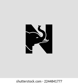 Initial letter N with elephant shape line art. Modern Elephant N Letter Alphabet Logo Design.