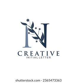 Initial Letter N and Floral Logo vector, Botanical Minimalistic Letter Feminine Logo design template