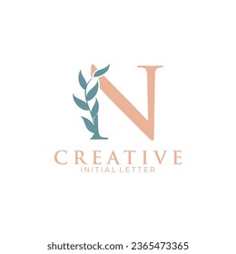 Initial Letter N and Floral Logo vector, Botanical Minimalistic Letter Feminine Logo design template