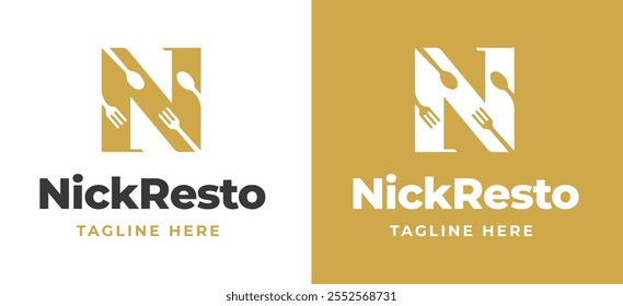 Initial Letter N with Fork and Spoon Icon Logo Inspiration. Spoon and Fork with Letter N Logo for Restaurant, Catering, Cafe, and Food Service Branding. Alphabet Restaurant Vector Logo Illustration.