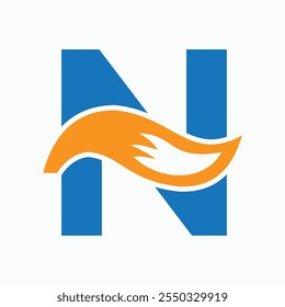Letra inicial N conceito de design de logotipo Fox com símbolo de cauda Fox