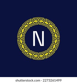 initial letter N futuristic circle pattern frame emblem logo