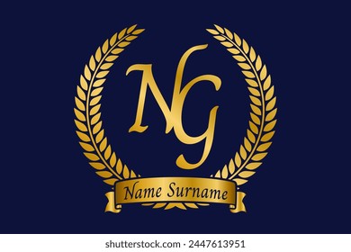 Initial letter N and G, NG monogram logo design with laurel wreath. Luxury golden calligraphy font.