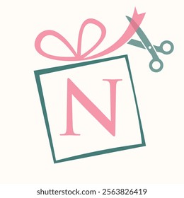 Initial Letter N Gift Box Logo Design Concept With Ribbon and Scissors Symbol For Weeding and Birthday Gift Sign