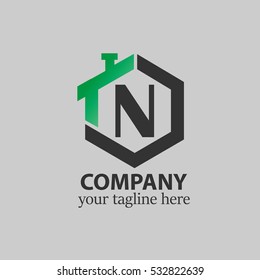 Initial letter N green black logo in the middle of vector home design icon with hexagonal shape, good logo for company, corporate, property, construction, real estate company/corporate
