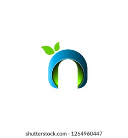 Initial Letter n green blue gradient With Leaf Logo for business - Vector