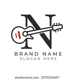 Initial Letter N Guitar icon with Line Art Style for Chord. Alphabet N with Musical instrument logo design