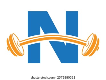 Initial Letter N Gym Logo Design Concept With Straight and Curved Barbell Symbol. Fitness Sign, Bodybuilding, Workout Vector