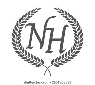 Initial letter N and H, NH monogram logo design with laurel wreath. Luxury calligraphy font.