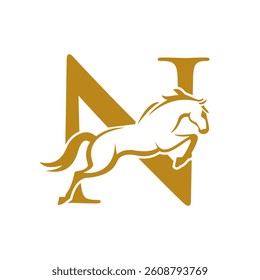 Initial Letter N Horse Logo Design Concept With Jumping Horse Symbol Vector Template 