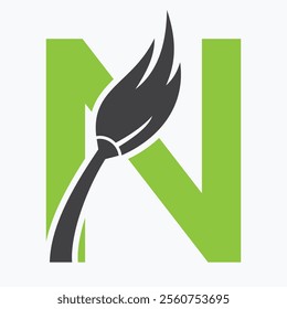 Initial Letter N House Cleaning Logo Concept With Clean Brush Symbol Vector Template