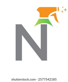 Initial Letter N House Cleaning Logo Concept With Hygiene Sprays Symbol