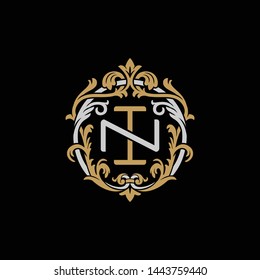 Initial letter N and I, NI, IN, decorative ornament emblem badge, overlapping monogram logo, elegant luxury silver gold color on black background
