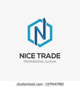 Initial letter N inside Hexagon with arrow shape. Modern blue logo template for business or finance.