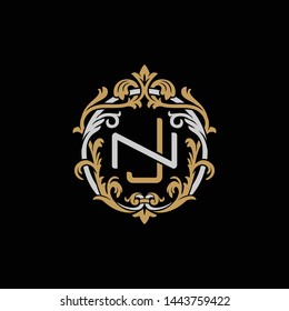 Initial letter N and J, NJ, JN, decorative ornament emblem badge, overlapping monogram logo, elegant luxury silver gold color on black background