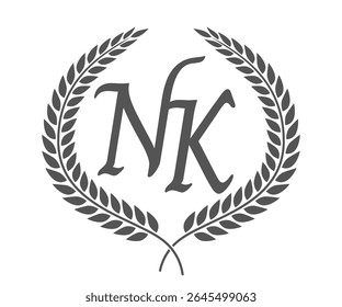 Initial letter N and K, NK monogram logo design with laurel wreath. Luxury calligraphy font.