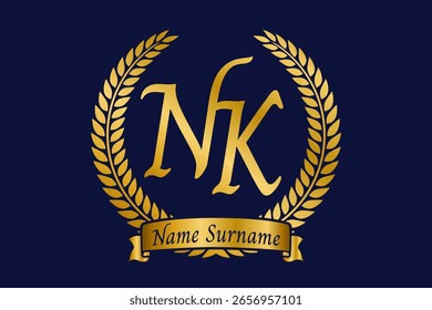 Letra inicial N y K, diseño del logotipo del monograma NK con corona de laurel. Fuente de caligrafía dorada de lujo.