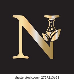 El diseño inicial del logotipo del laboratorio de la letra N se combina con el símbolo del tubo de ensayo y de la hoja