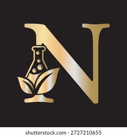 El diseño inicial del logotipo del laboratorio de la letra N se combina con el símbolo del tubo de ensayo y de la hoja