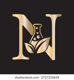 El diseño inicial del logotipo del laboratorio de la letra N se combina con el símbolo del tubo de ensayo y de la hoja