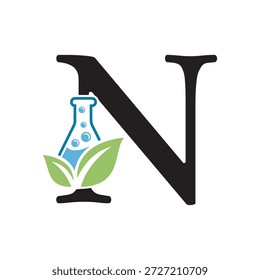 El diseño inicial del logotipo del laboratorio de la letra N se combina con el símbolo del tubo de ensayo y de la hoja