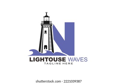 initial Letter N lightouse waves logo