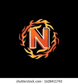 Initial Letter N Logo Design inside Circle Fire or Flames