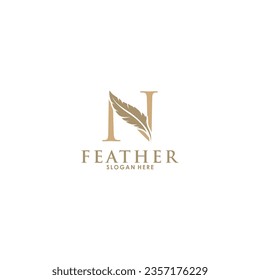 Initial letter N logo with Feather Luxury gold, Initial Feather Logo template