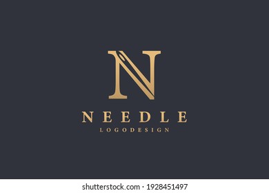 Initial Letter N Logo. Gold Shape Classic N Letter Calligraphy with Negative Space Needle inside isolated on Black Background. Usable for Tailor Logo. Flat Vector Logo Design Template Element.